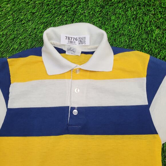 Vintage 80s MOD Block-Stripes Polo Shirt S/M 17x25 Yellow - Picture 9 of 11